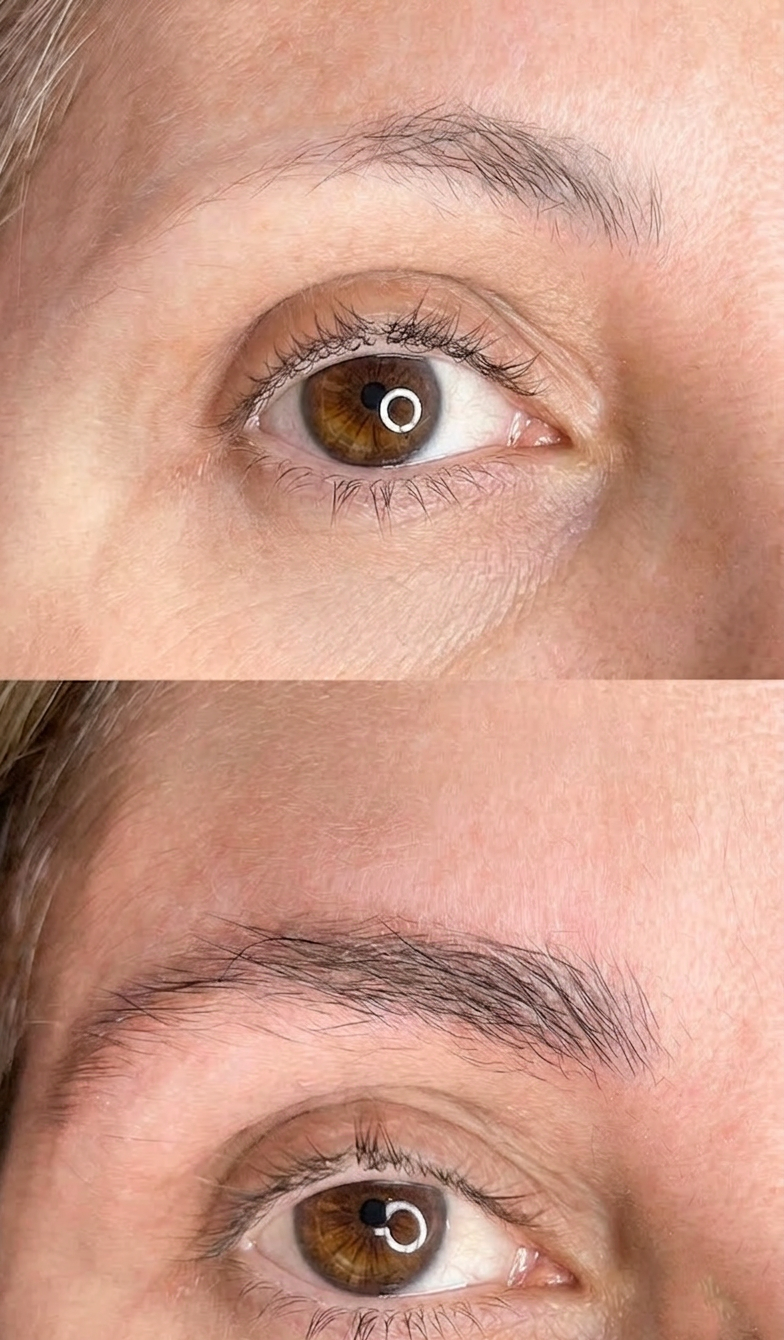 Resultado real de recuperação da cauda da sobrancelha após o protocolo Essence Brow.